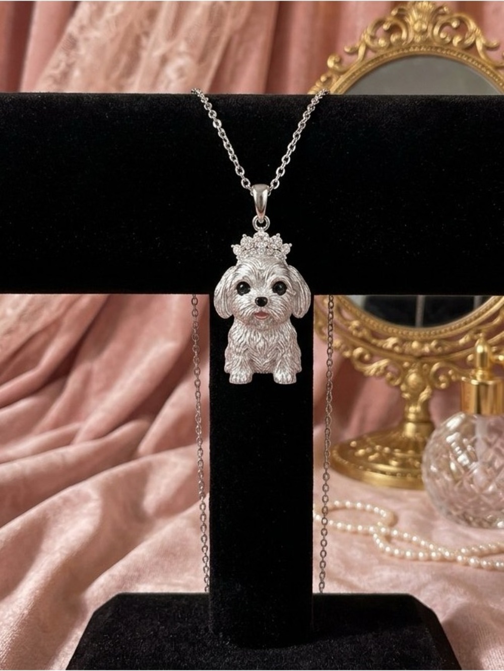 NWT Coquette Crowned Maltese Dog Necklace Dog Mom Glam Pet Parent Whimsical Cute